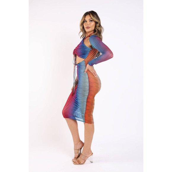 Women's Long Sleeve Printed Textured Mesh Halter Casual Sexy Midi Dress S, M, L - Picture 8 of 12